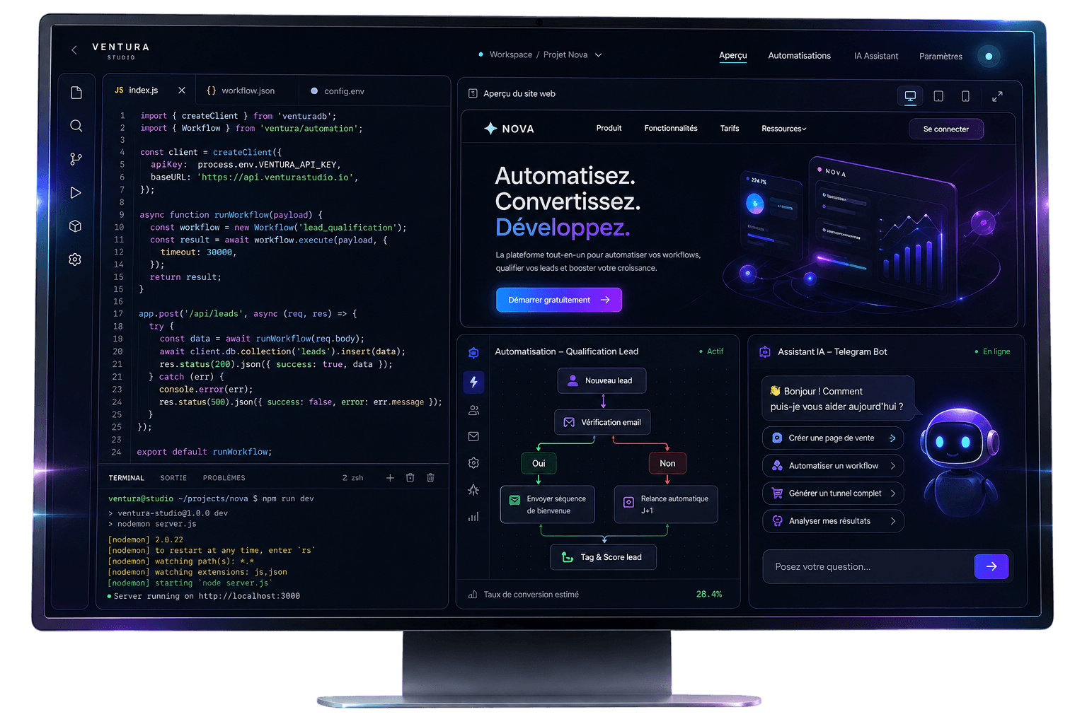 Dashboard VenturaStudio — sites, automatisations, CRM et bots IA en un seul écran.